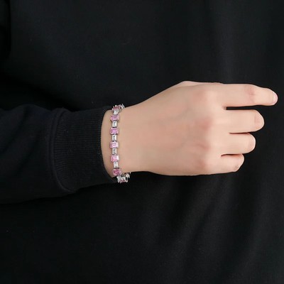 14Ct Emerald Cut Lab-Created Pink Sapphire Bracelet 14K White Gold Plated 8MM