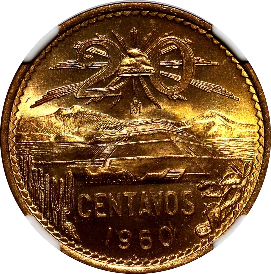 MÉXICO Bronce 1960 Mo 20 Centavos NGC MS66 RD BONITO ROJO COMPLETO BU KM# 440 (005) Foto 4 de 4