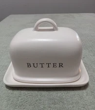 Vtg Look Farmhouse Style White Enamelware Crofton Covered Butter Dish Holds 1#