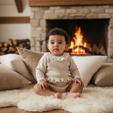 Baby Girl Spanish Knitted Jam Pants Outfit Set Frilly Knickers Beige Pink