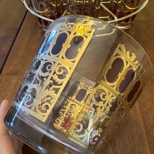 Vintage Culver Cranberry Gold Scroll Highball Tumbler Glasses Ice Bucket Carrier - Picture 6 of 18