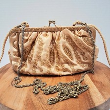 Vintage La Regale Gold Satin Beaded Evening Coin Clutch Purse Kisslock Closure