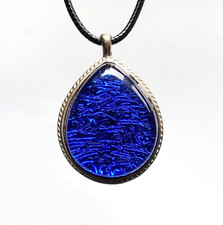 Handcrafted Fused Dichroic Glass Pendant, Blue in Teardrop Antique Silver Bezel