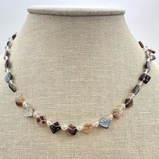 Vintage 90s Square Tile Shell Glass Beaded Choker Necklace Silver Tone Jewelry