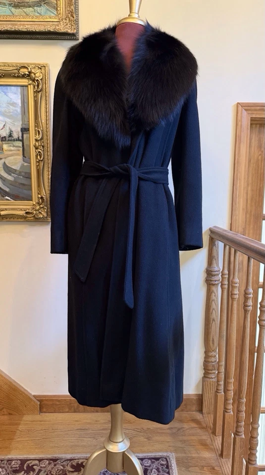Abrigo de vestir vintage REGENCY CASHMERE negro para mujer talla 12 con cuello de zorro Foto 2 de 4
