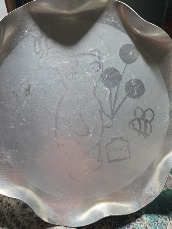 Vintage Hand Engraved Winnie the Pooh Aluminum Scalloped Tray Plate Folk Art...
