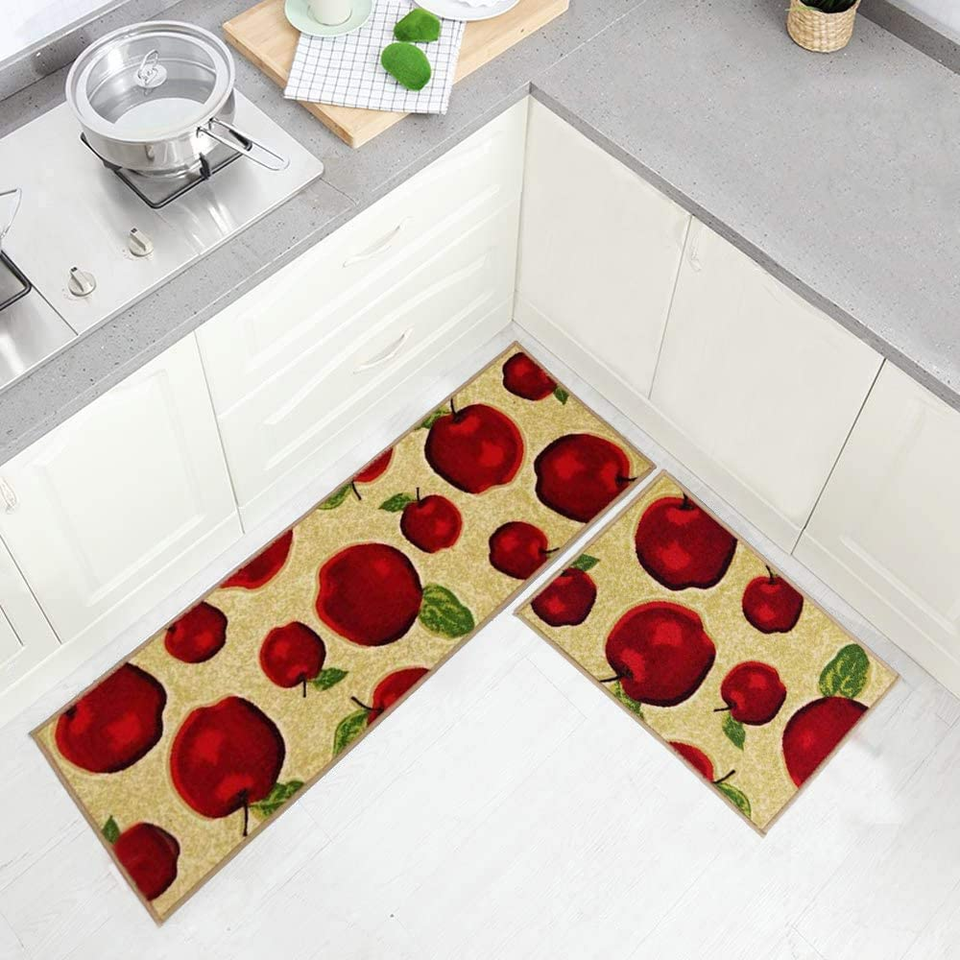 3 Piece Sets Rubber Backing NonSlip Red Apple Kitchen Rug and Carpet