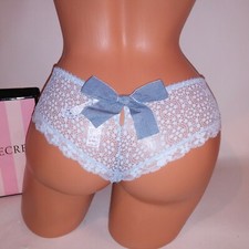 Victoria Secret Panty Wide Side Thong XS Light Blue Lace Bow Back Dream Angels N