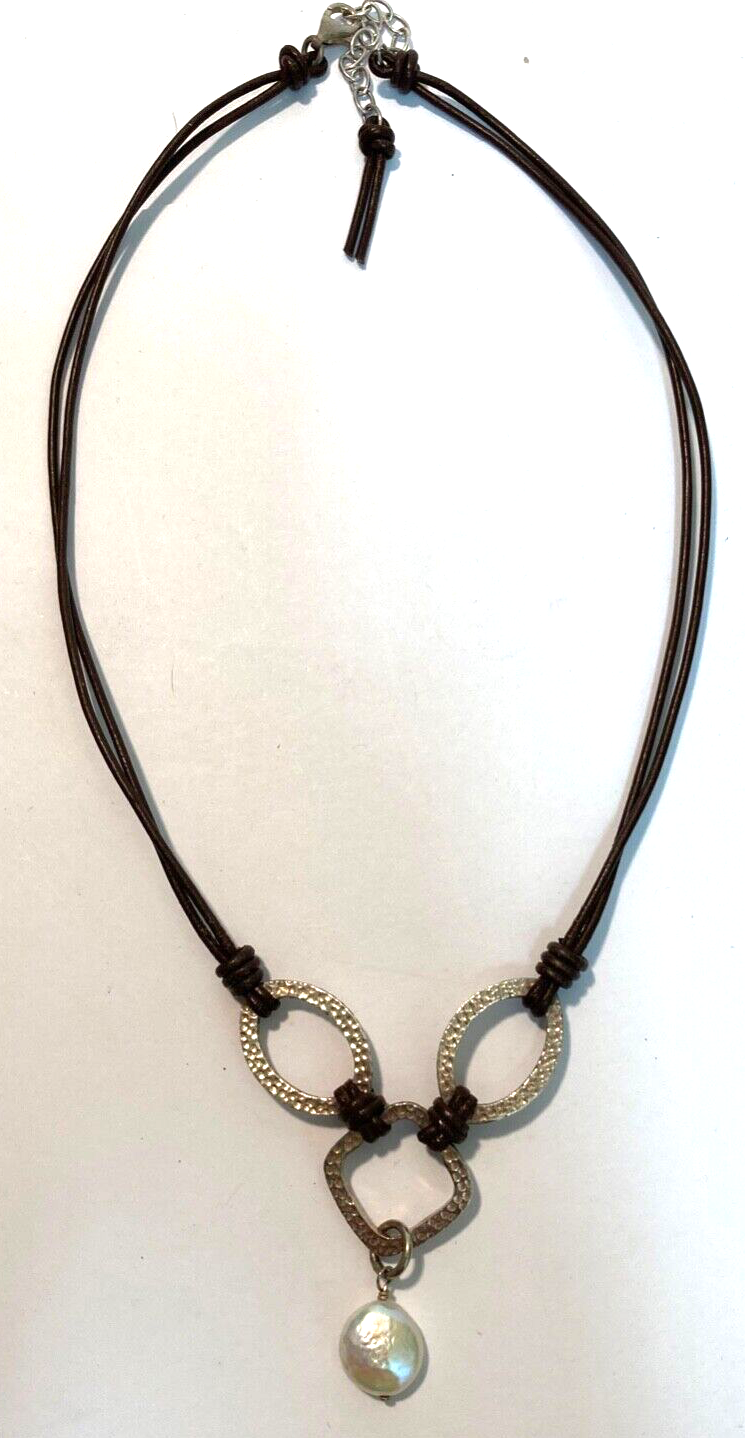 Silpada Hammered Sterling Silver Coin Pearl Brown Leather Necklace with Lobster Clasp N1257-image