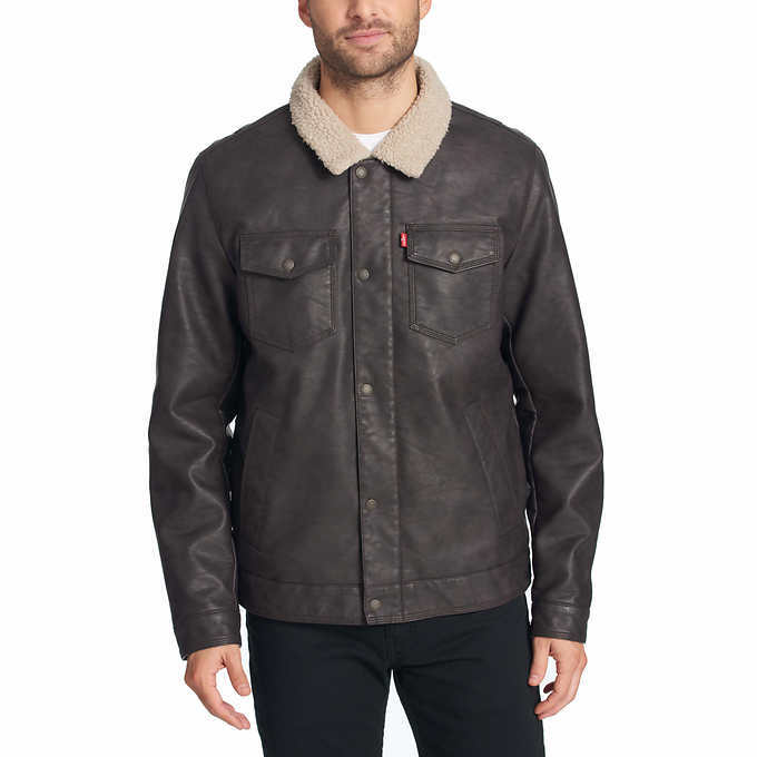Levi's Men's Sherpa Lined Faux Leather Trucker Jacket Dark Brown