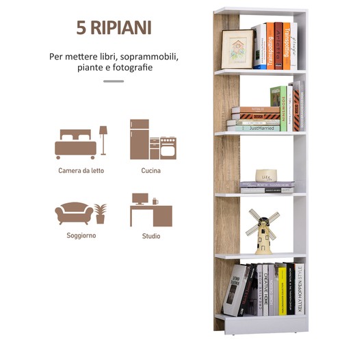 HOMCOM Scaffale Libreria a Parete in Legno Color Rovere e Bianco con 5 Ripiani - Foto 6 di 10