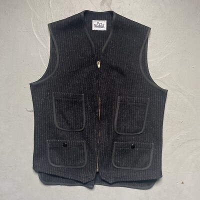 Vintage Woolrich Wool Zip Work Vest Leather Buckle Back Stripe S-M