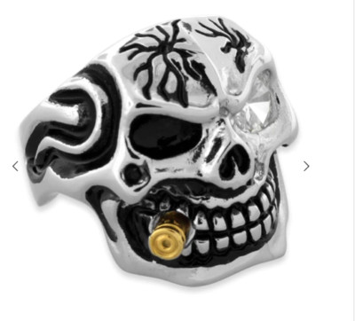 Biker Skull Ring with Goldtone Bullet& Clear CZ Eye Stainless Steel Sz 9- 20, 57