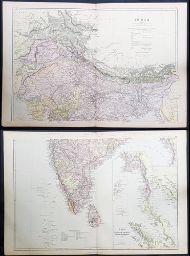 1870 John Bartholomew Large Antique 2 Sheet Map of India - Afbeelding 1 van 2