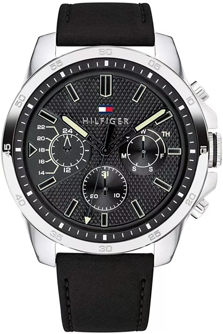 Tommy Hilfiger 1791563 Silver Tone Black Day Date Dial Leather Strap Mens Watch