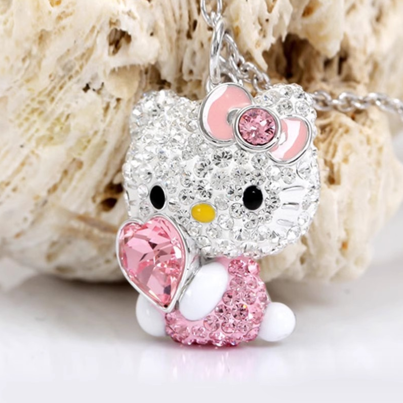 Silver Hello Kitty Cat Pink CZ Crystal Pendant Necklace 18