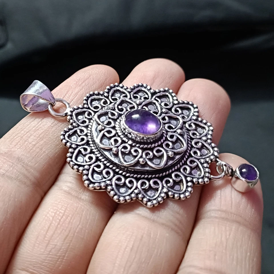 Ciondolo per uomo e donna con fiore in argento sterling 925 con gemma di... - Immagine 2 di 4