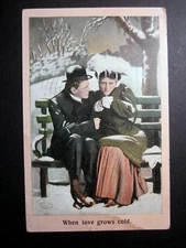 Postcard When Love Grows Cold Park Bench Couple Frigid Winter 1c Franklin 2909