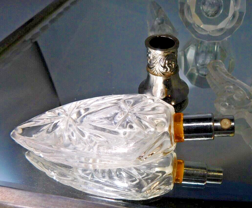 Vintage Czech Clear Crystal Cut Art Glass Perfume Bottle Floral Stopper w/Dauber - Picture 8 of 15
