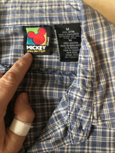 VINTAGE Mickey Unlimited Dreamy Disney Womens Button Shirt Medium Blue Plaid - Picture 3 of 3