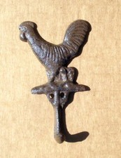 Rooster Bird Wall Hook Cast Iron Painted Vtg Farm Barnyard Towel Coat Hanger 5"