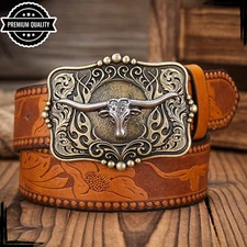 Retro Mens Leather Belt Buckle Casual Luxury Bull Waist Strap Brown