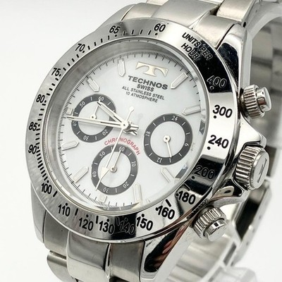 Technos Chronograph White Silver Mens Watch Quartz Japan Working 068677