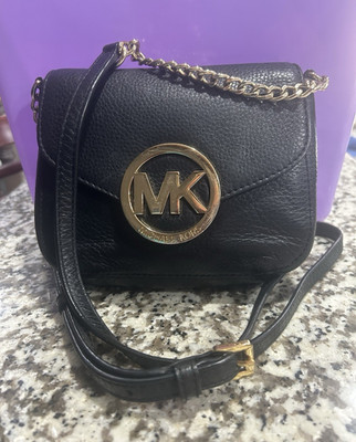 Michael Kors Black Small Crossbody Bag Magnetic Closure Gold Logo Chain Strap