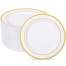 100PCS Gold Plastic Plates, 10.25 Inch Dinner Plate with Gold Rim, Heavy Duty...