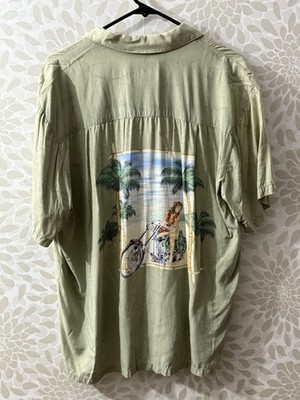 Vintage Paradise Found Men s L Pinup Woman Motorcycle Hawaiian Button Up Shirt