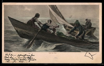 Künstler-AK sign. K. Raupp: Ruderer auf stürmischer See 1904 