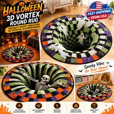 Halloween 3D Vortex Round Rug, Novelty Ghost Skeleton 3D Optical Illusion Rugs