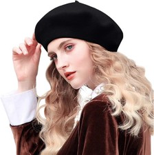 Womens Beret French Classic Beanie Hat Wool Solid 7 1/8-7 3/8, Black