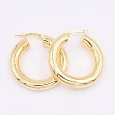 6x30mm Plain Shiny Polished Hoop Earrings 14K Yellow Gold-Plated Silver 925