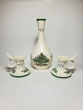 Vintage Spode Set English Christmas Tree Bud Vase Candle Holder Pair England 