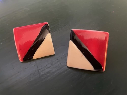 Vintage Painted Abstract Square Stud Costume Earrings 80s Jewelry