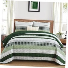 Striped Quilt Set Size Boho Bedspread Set 3 Pieces Patchwork Queen Green