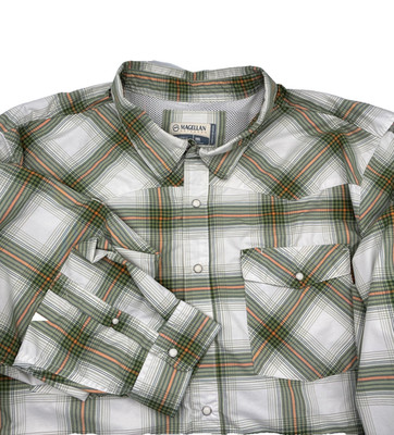 Magellan Outdoors Classic Fit Green Orange Plaid L/S Pearl Snap Button Shirt 2XL