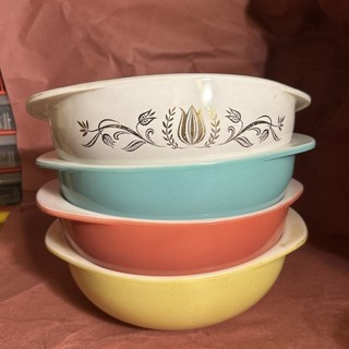 Vintage Pyrex 024 2 Qt Casserole Bowl Lot 4 Golden Tulip Turquoise Pink Yellow