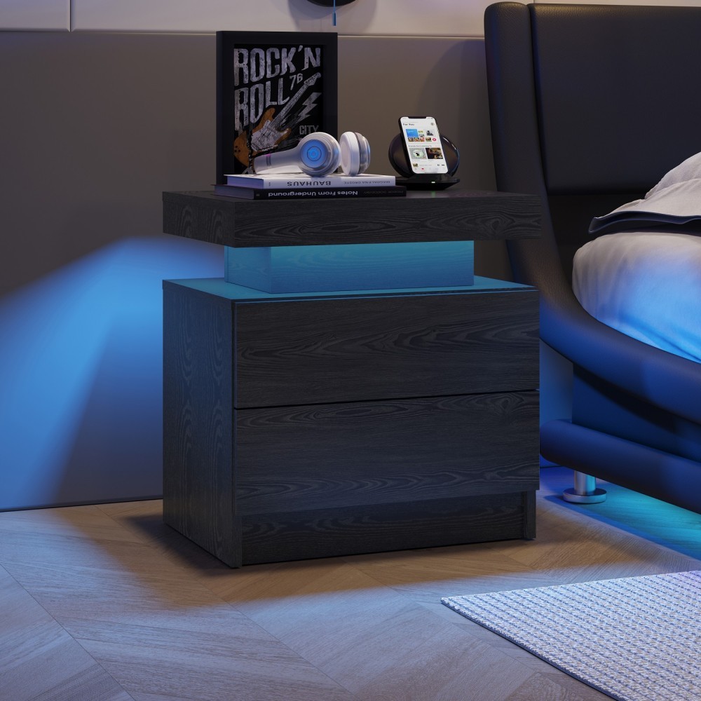 Modern LED Nightstand with 2 Drawers - Bedside Table Cabinet Light-image