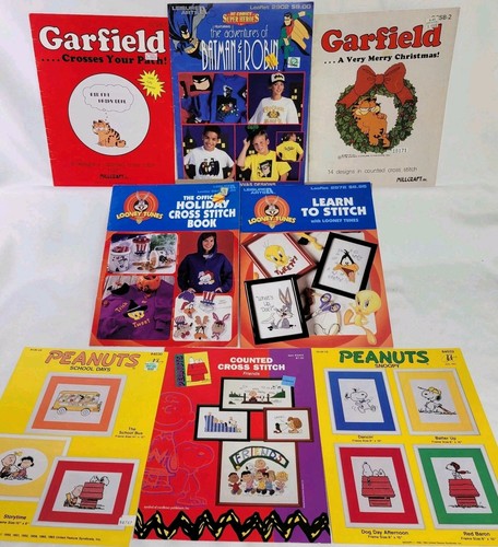 Vtg Cross Stitch Pattern Booklets Lot Of 8 Garfield Peanuts Looney Tunes Batman