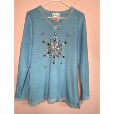 2000s Quacker Factory Blue Glam Sparkle Chenille Snowflake Chistmas Sweater M