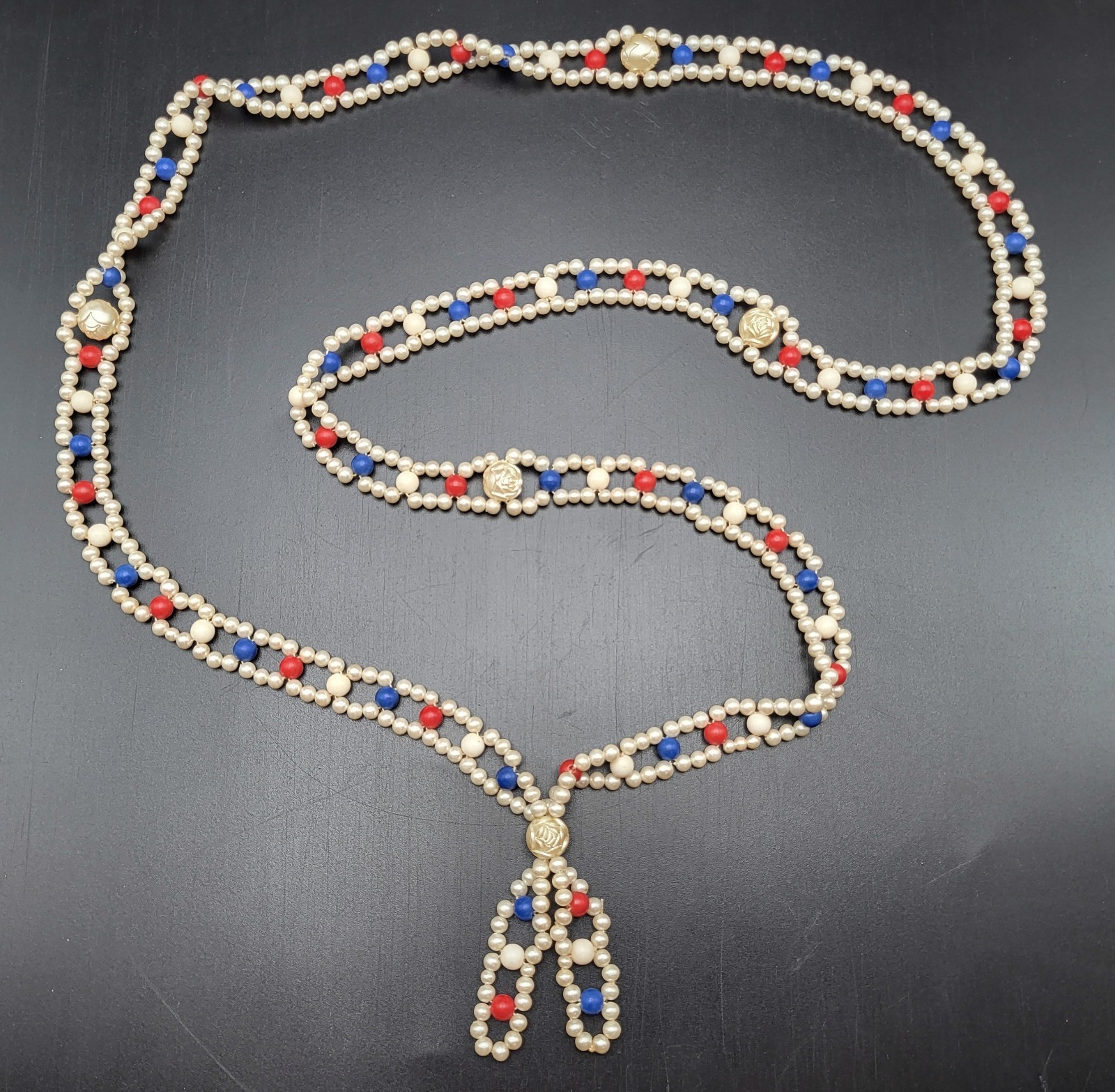 Vintage Beaded Multicolor Necklace Flower Faux Carved Pearls Costume Jewelry 36