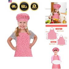 Kids Apron and Chef Hat Set Cotton Toddler Aprons with Pockets Pink