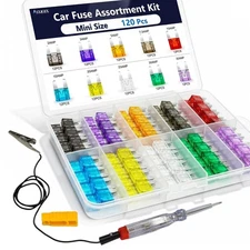 120Pcs Car Fuse Kit with Puller & Tester, Mini Fuses Assortment Kit... 