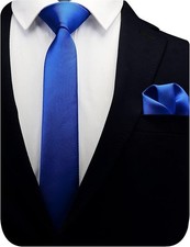 2.4" Slim Necktie and Handkerchief Set For Men Solid Skinny Tie Royal Blue