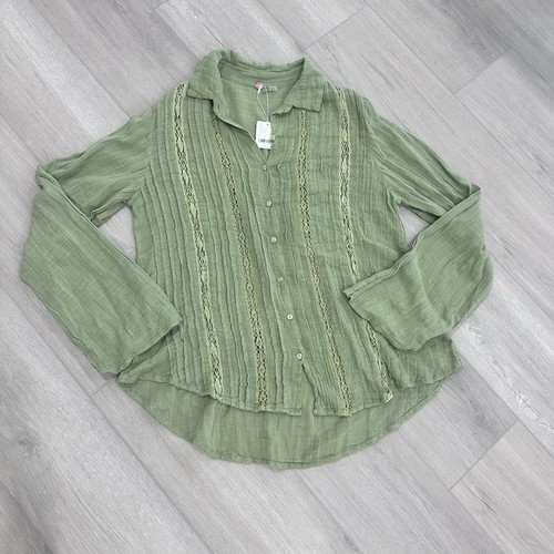 Neu mit Etikett Free People FP One Mila Hemd getrocknete Aloe Spitze Knopfleiste Oberteil grün XS