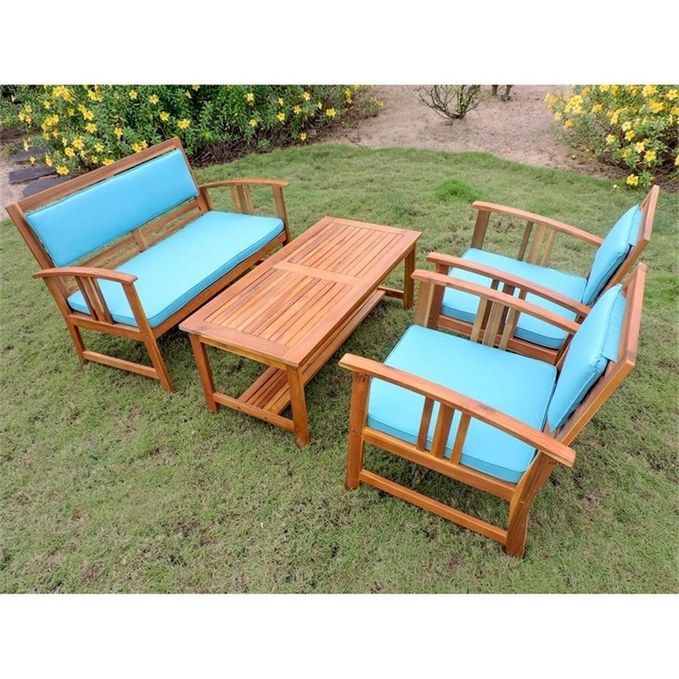 International Caravan Brisbane 4-Piece Wood Patio Conversation Set in Brown/Blue - Image 2 of 2