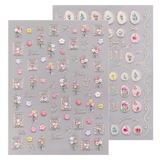 2Pcs Flower Nail Art Stickers 5D Embossed Floral Nail Decals Gold Yellow & Pink