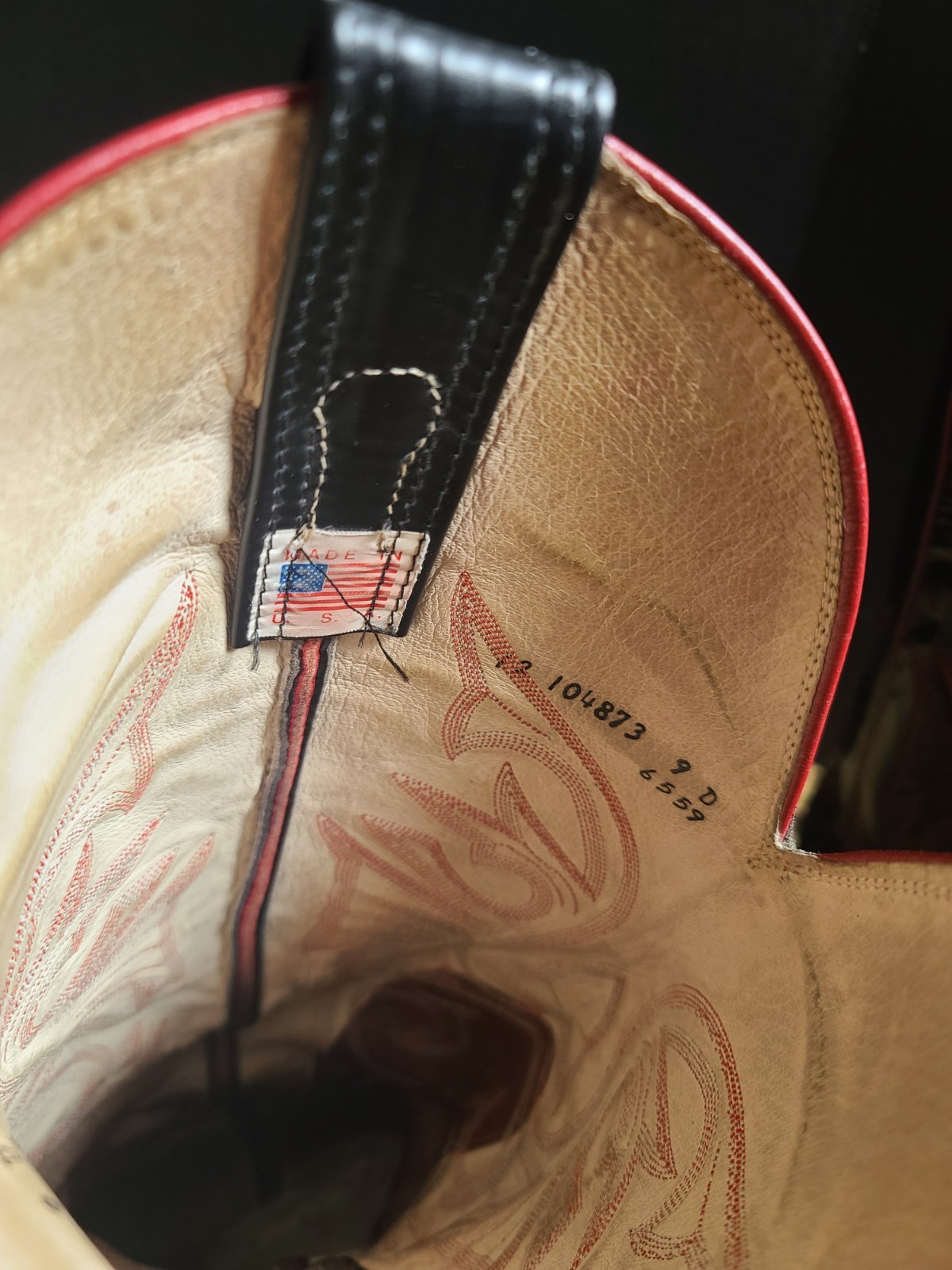 Vintage Olathe 17" Tall Western Cowboy Boots Red Black Embroidered Men's 9 D USA image 8